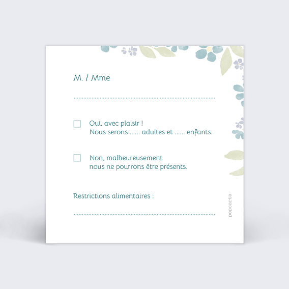 Carton réponse mariage Petites fleurs bleues Verso