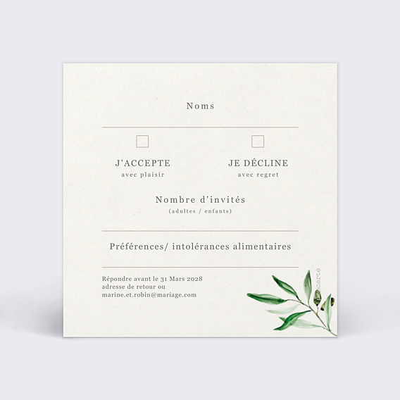 Carton réponse mariage Arche et Oliviers Verso