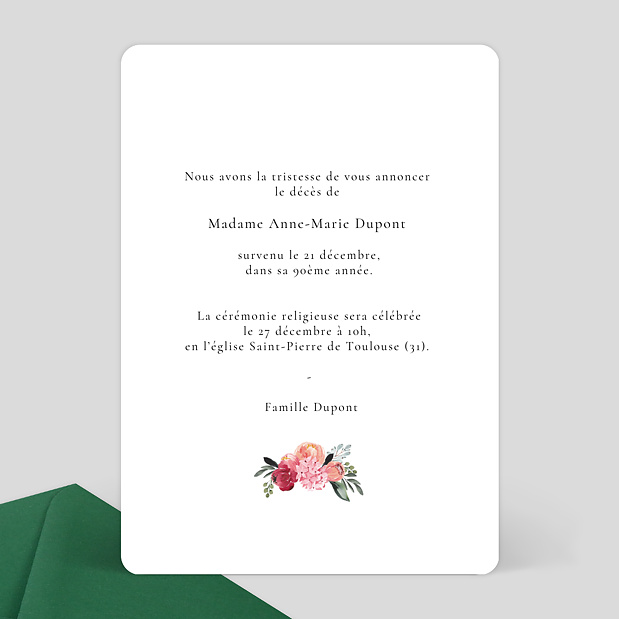 Faire-Part de décès Bouquet éternel Verso