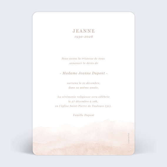 Faire-part décès Nuances Paisibles Verso