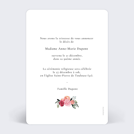 Faire part Décès Bouquet Eternel
