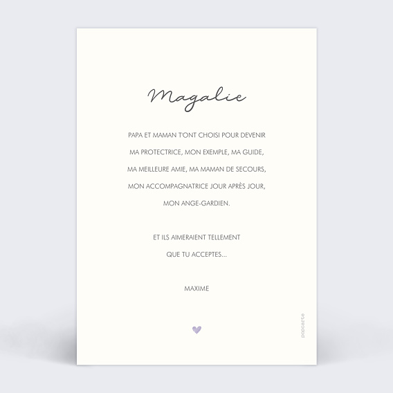 Demande parrain marraine Motif Coeur Lilas Verso