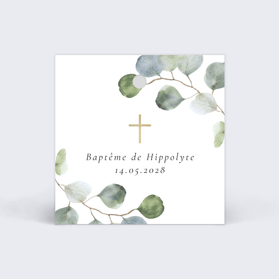 Etiquette baptême Couronne Ocre Eucalyptus