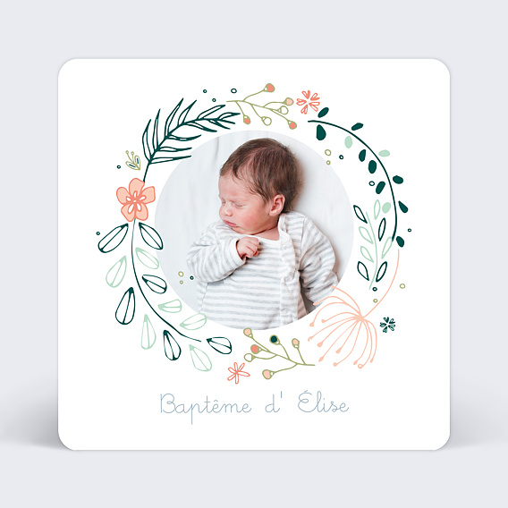 Faire-part baptême Couronne fleurie