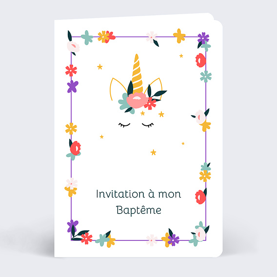 Faire-part baptême Licorne et Fleurs