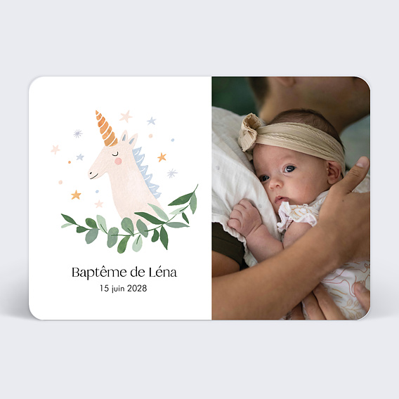 Faire-part baptême Licorne Pastelle