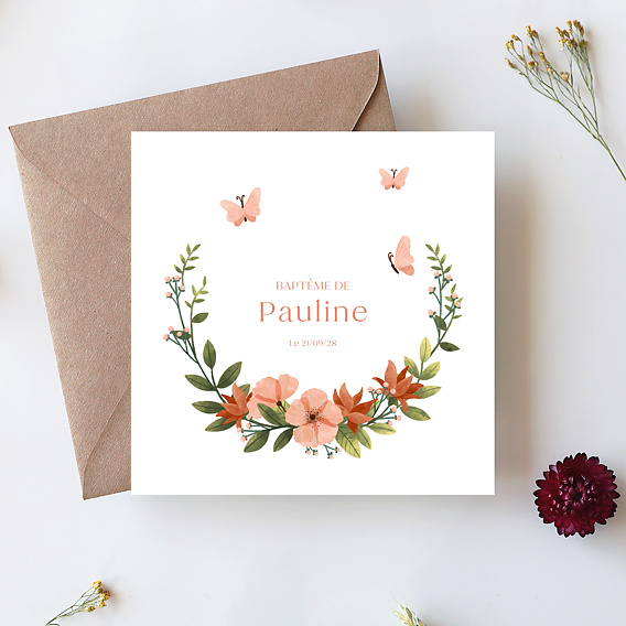 Faire-part baptême Papillon Rose