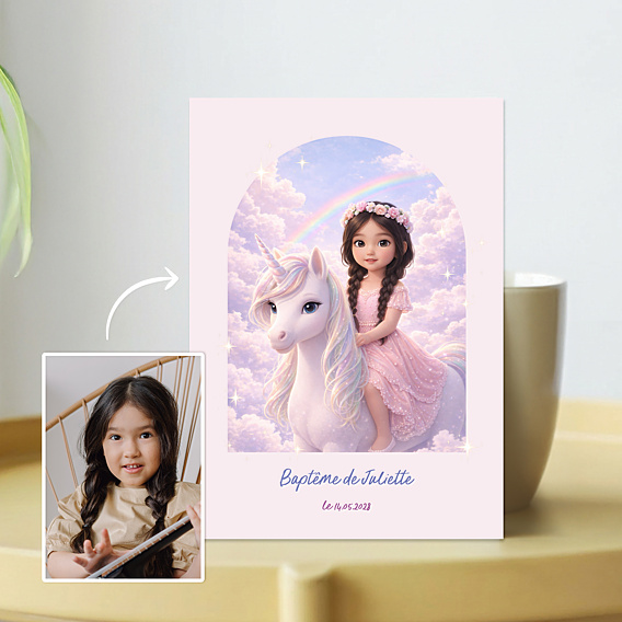 Faire-part baptême Portrait avec licorne