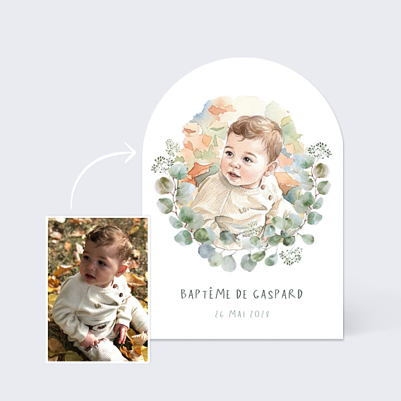 Faire-part baptême Portrait en aquarelle avec couronne eucalyptus
