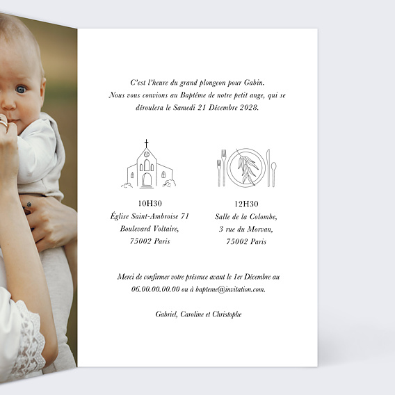 Faire-part baptême Colombe Kraft Intérieur Droit