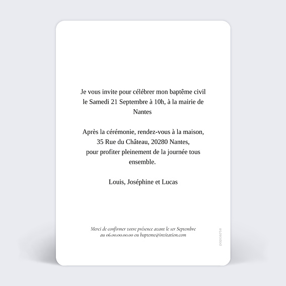 Faire-part baptême Ultra minimaliste Verso