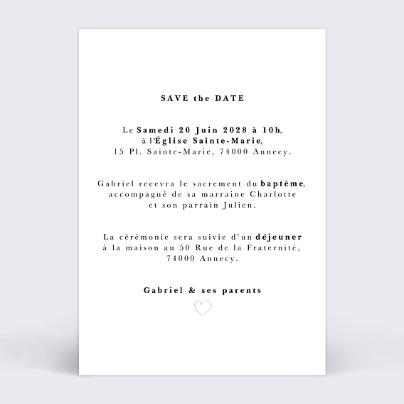 Faire-part baptême Date Spéciale Verso