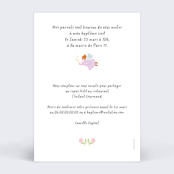 Faire-part baptême Fée du jardin Verso