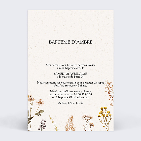 Faire-part baptême Fleurs Calendrier Verso