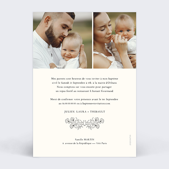 Faire-part baptême Gravure Bohème Verso