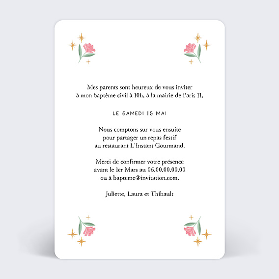 Faire-part baptême Jolie Licorne Verso