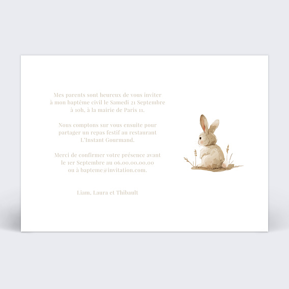 Faire-part baptême Lapin Mignon Photo Verso