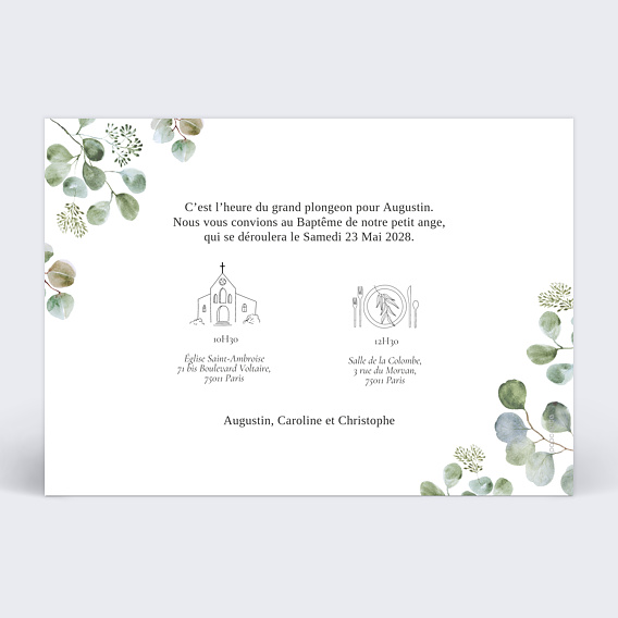 Faire-part baptême Photo Eucalyptus Verso