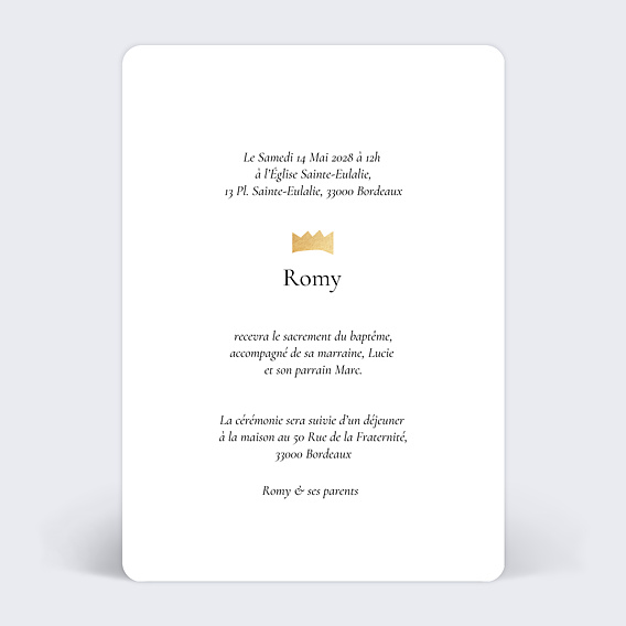 Faire-part baptême Robe Princesse Brune Verso