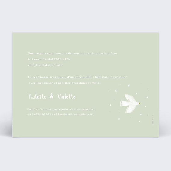 Faire-part baptême Jumeaux Colombe Verso
