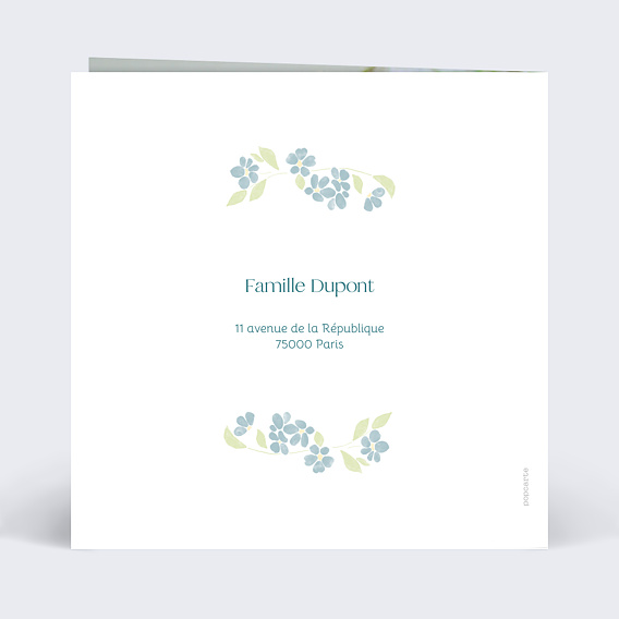 Faire-part baptême Petites fleurs bleues Verso