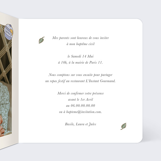 Faire-part baptême Gentil Ourson Intérieur Droit
