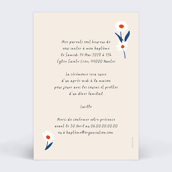 Faire-part baptême Pâquerettes Verso