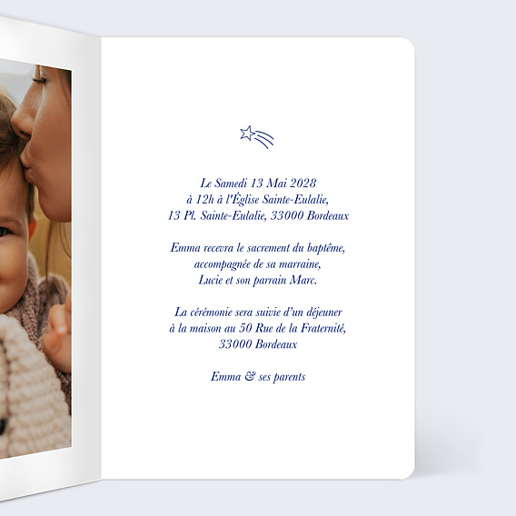Faire-part baptême Étoiles bleues Intérieur Droit