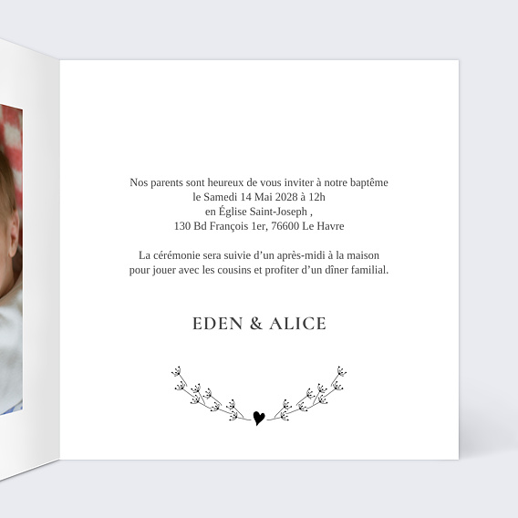 Faire-part baptême Coeur Bucolique Multi Intérieur Droit