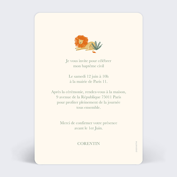 Faire-part baptême Pictogrammes Jungle Verso