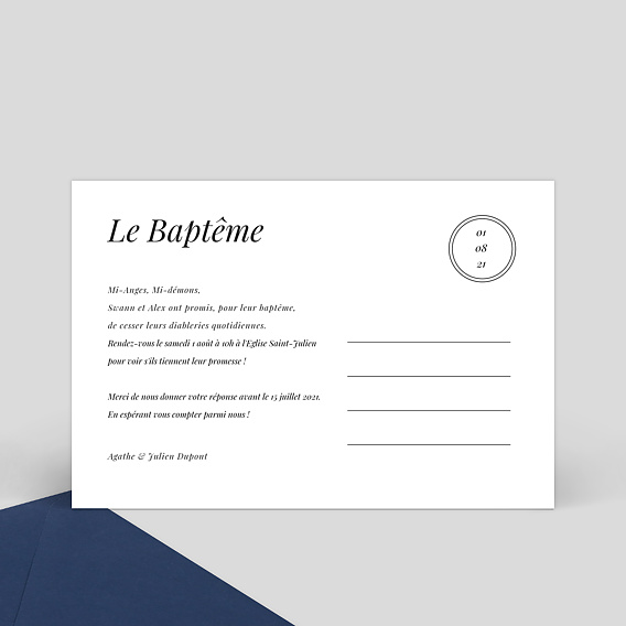 Faire-part baptême Étiquette Verticale Verso