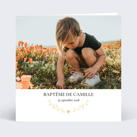 Faire-part baptême Coeur Bucolique Fleur Recto