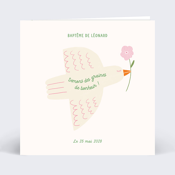 Faire-part baptême Colombe Fleurie Graines Recto