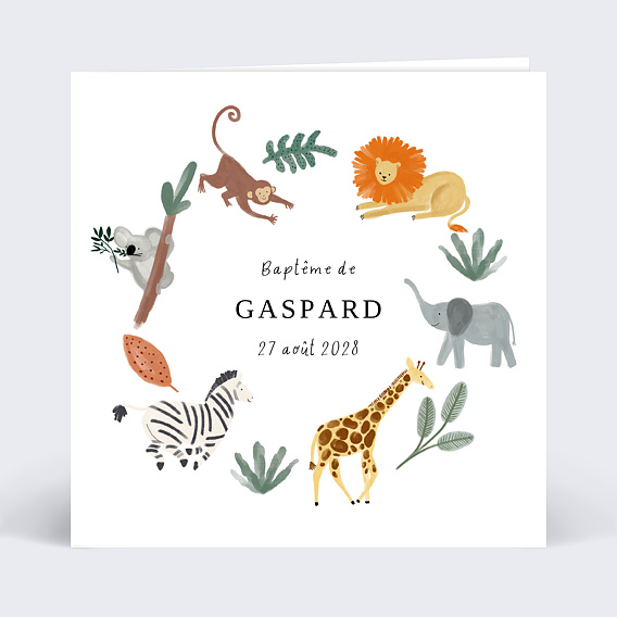 Faire-part baptême Couronne jungle Recto