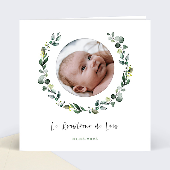 Faire-part baptême Découpe Eucalyptus Recto