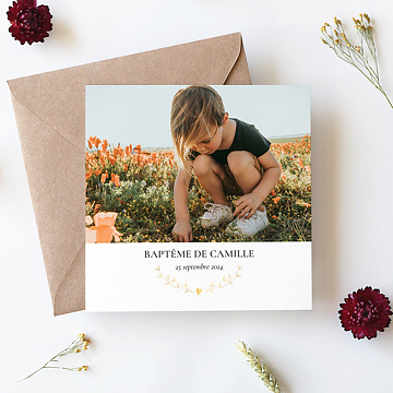 Faire-part Baptme Coeur Bucolique Simple