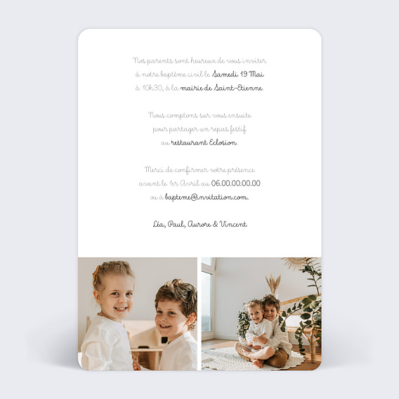 Faire-part baptême Jumeaux Epuré Verso