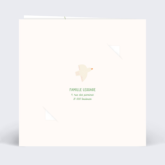 Faire-part baptême Colombe Fleurie Graines Verso