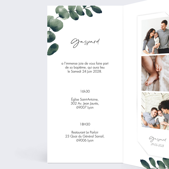 Faire-part baptême Branche d'Eucalyptus Intérieur Gauche