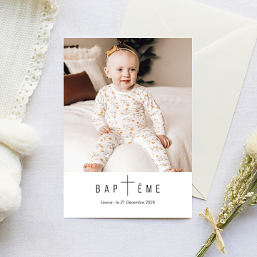 Faire-part Baptme Photo Croix Minimaliste
