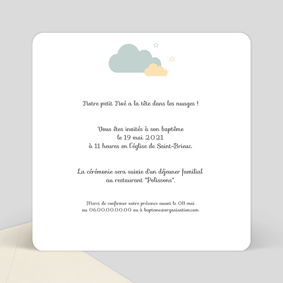 Faire-part baptême Jolis Nuages Verso