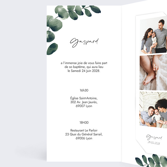 Faire-part Baptême Branche d'Eucalyptus