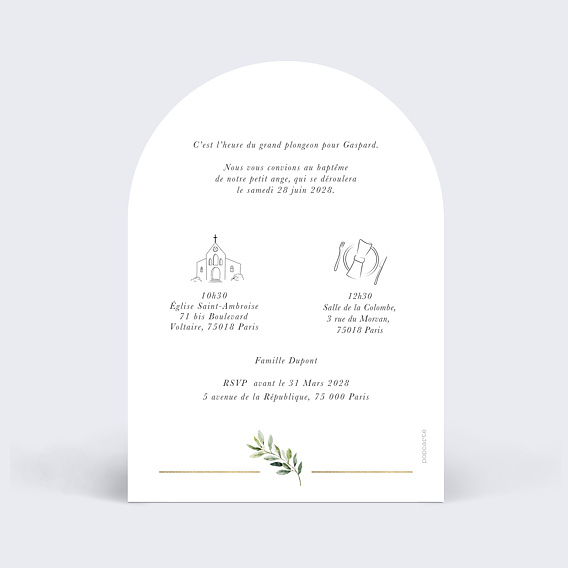 Faire-part baptême Arche végétal chic Verso