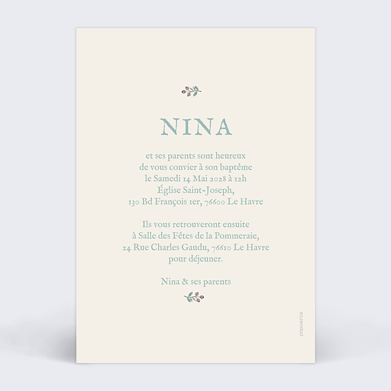 Faire-part baptême Florale minimale Verso