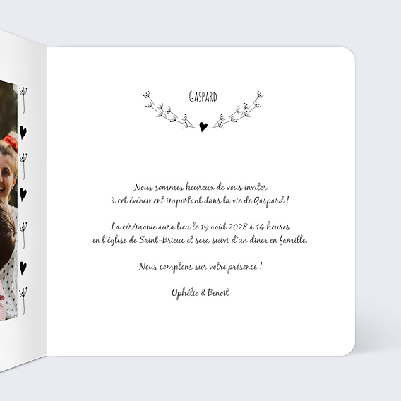 Faire-part Baptême Coeur Bucolique Simple