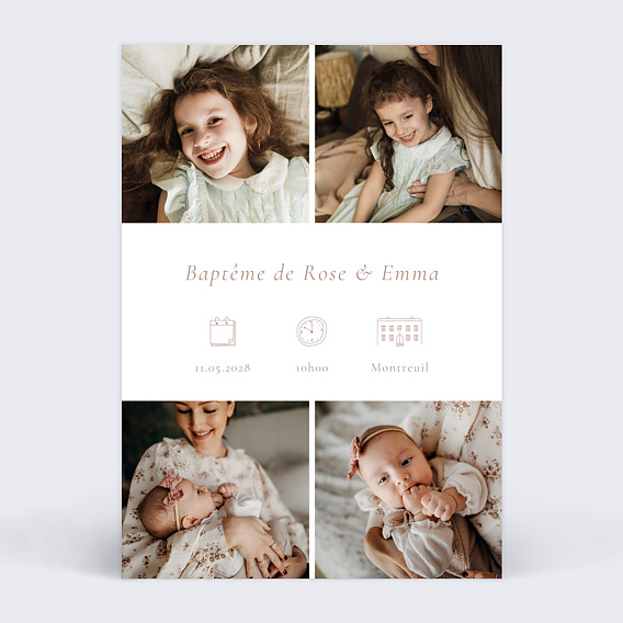 Faire-part baptême Multiphoto Élégant Recto