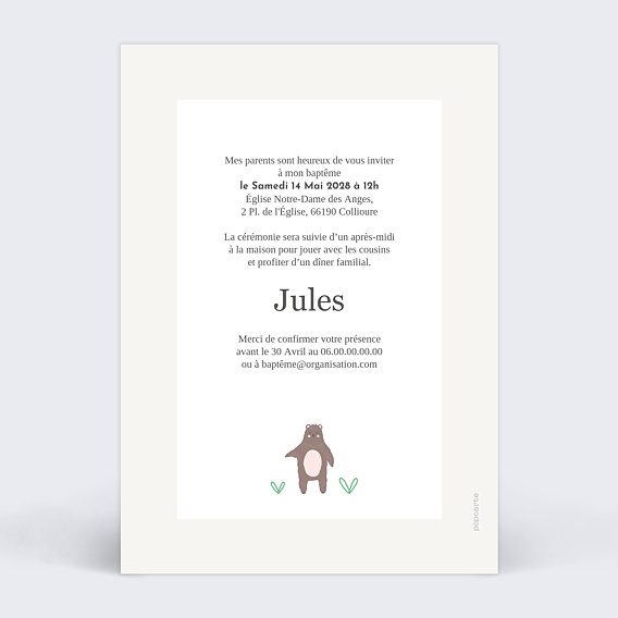 Faire-part baptême Animaux Pattern Verso