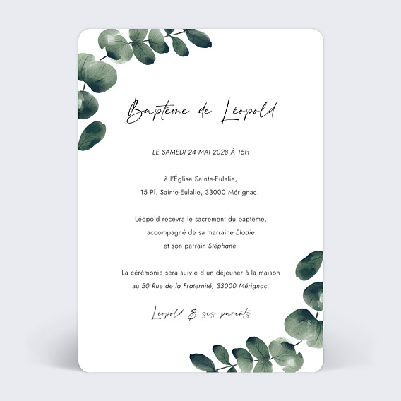 Faire-part Baptême Eucalyptus Calendrier