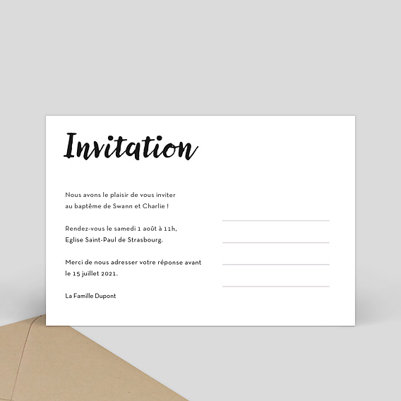 Faire-part baptême Cadre Blanc avec Coeur Verso