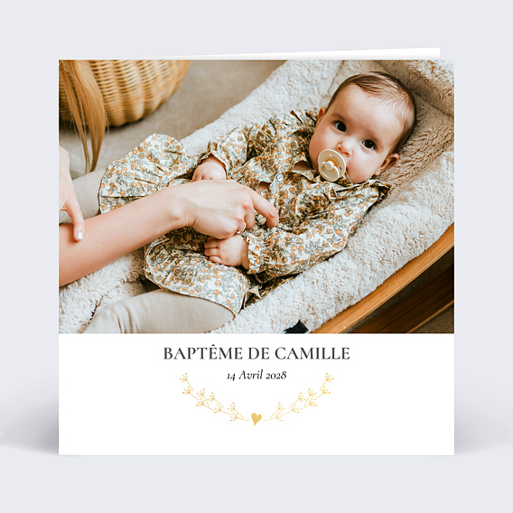 Faire-part baptême Coeur Bucolique Fleur Recto